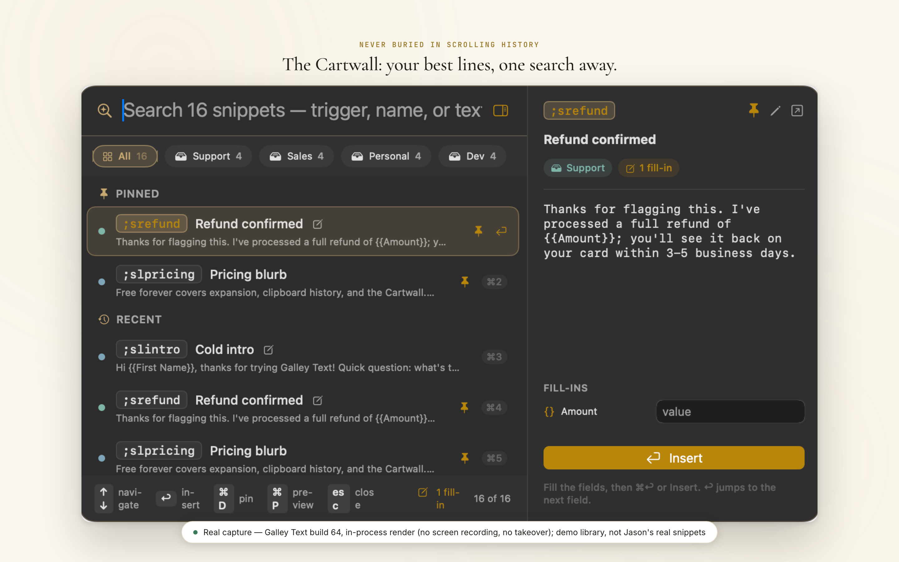 TypeValet's Cartwall: search across 16 snippets grouped by project, with pinned favorites and a live fill-in preview pane