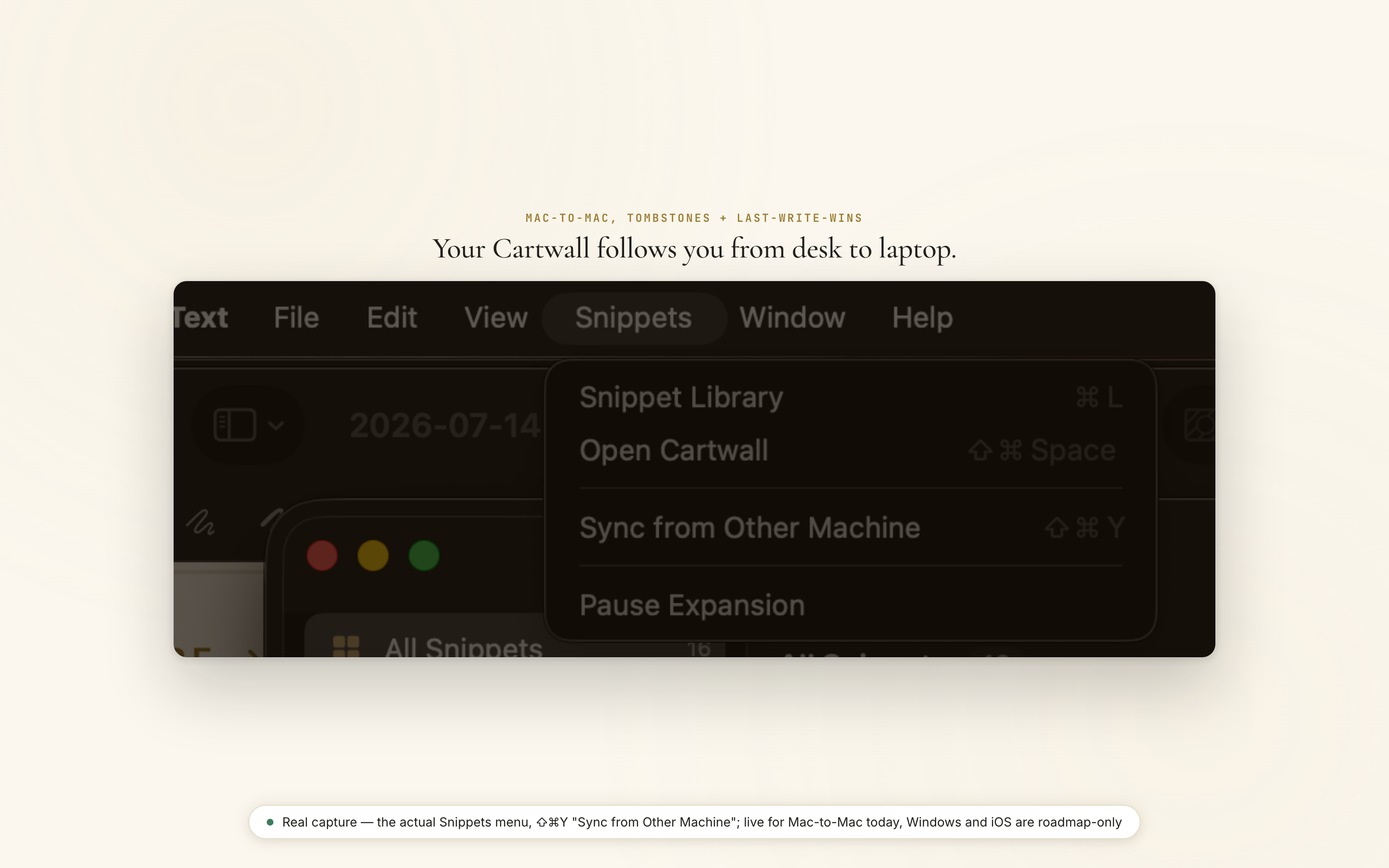 TypeValet's Snippets menu open in the Mac menu bar, showing Sync from Other Machine
