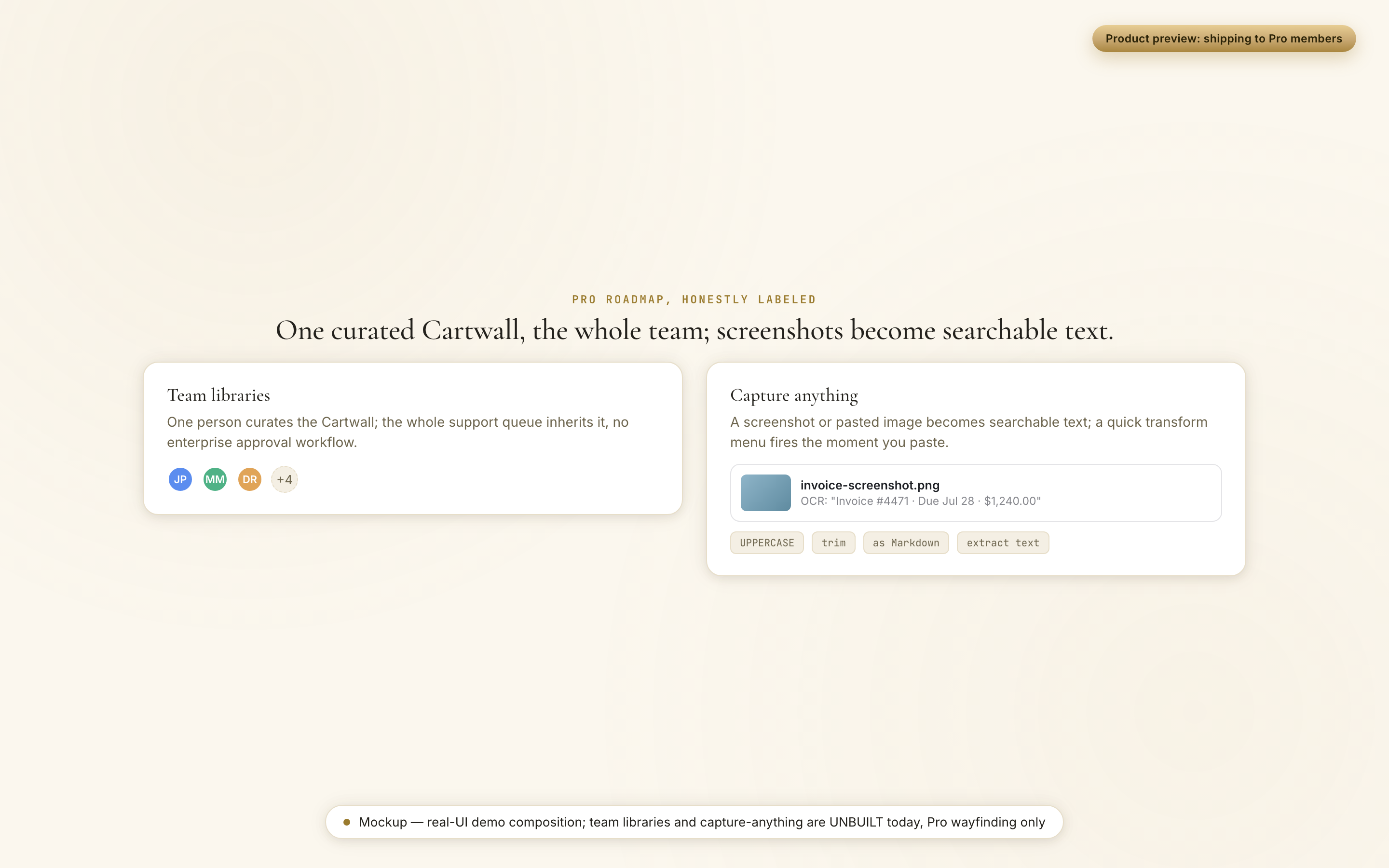 A team libraries card showing shared Cartwall members, next to a capture-anything card showing OCR text pulled from a pasted invoice screenshot