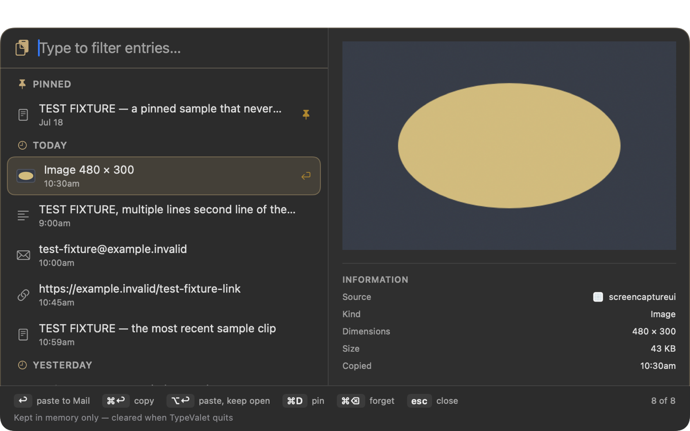 The Type Valet clipboard history palette in dark appearance, showing a picture clip selected with its dimensions and size.