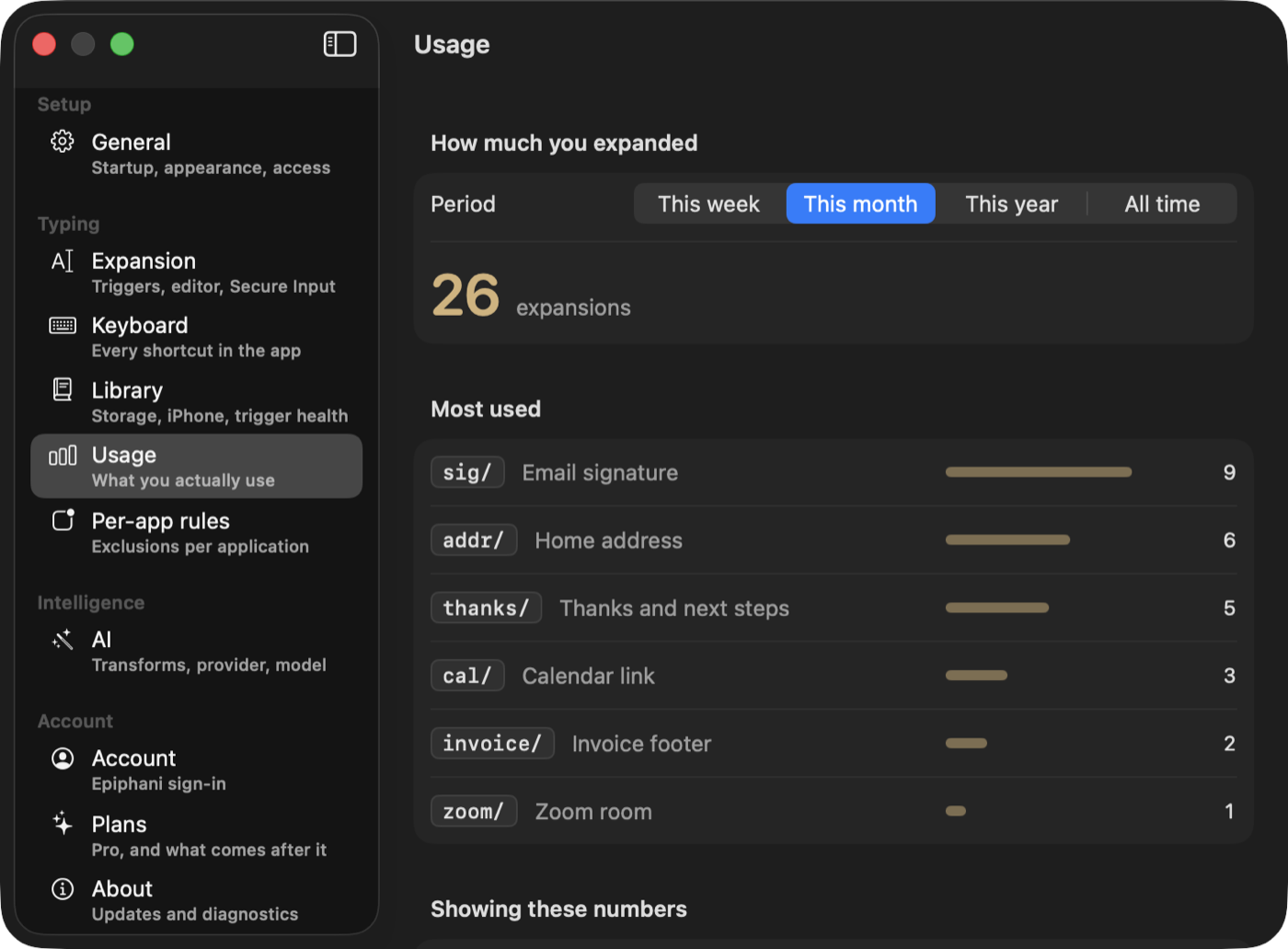 Type Valet Settings Usage pane in dark appearance, showing expansion counts and most-used snippets.
