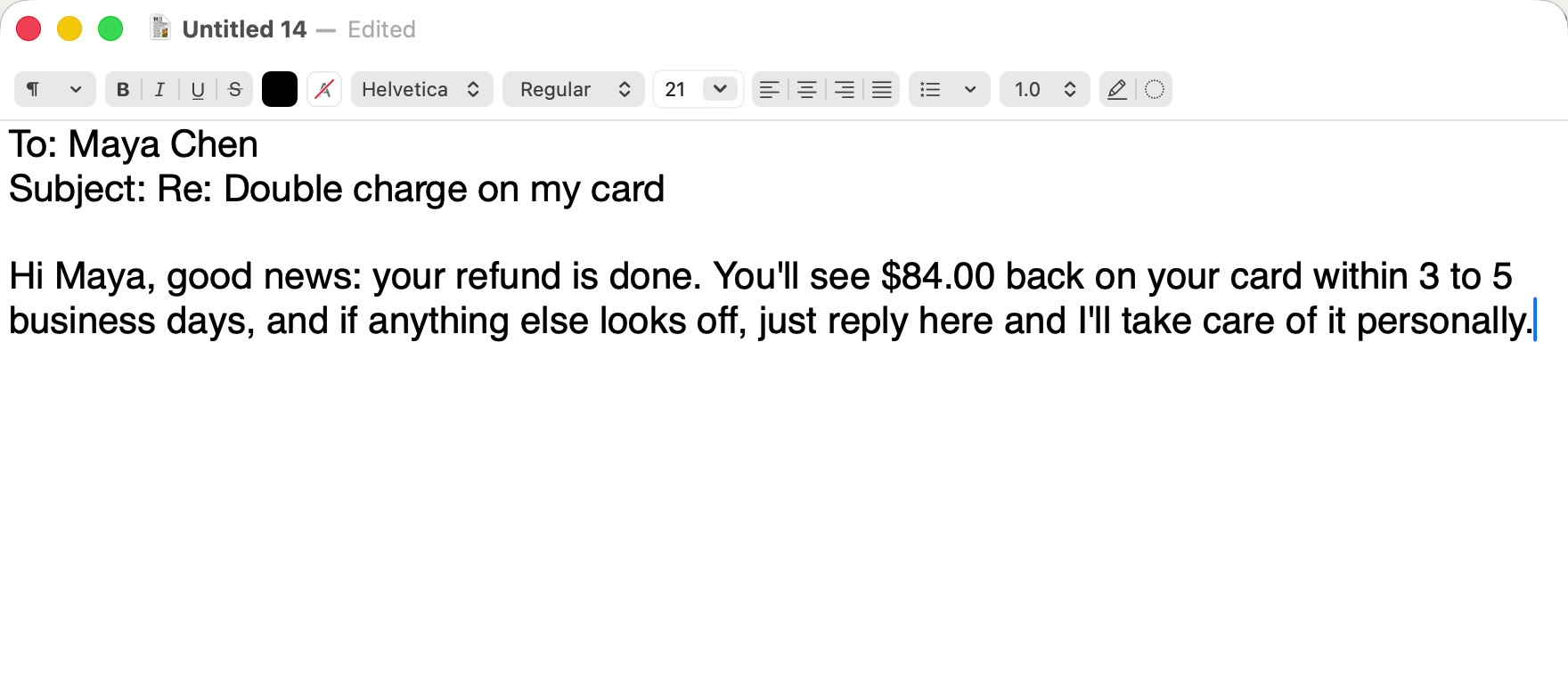 Type Valet has expanded the trigger ;refund into a complete refund reply inside TextEdit.